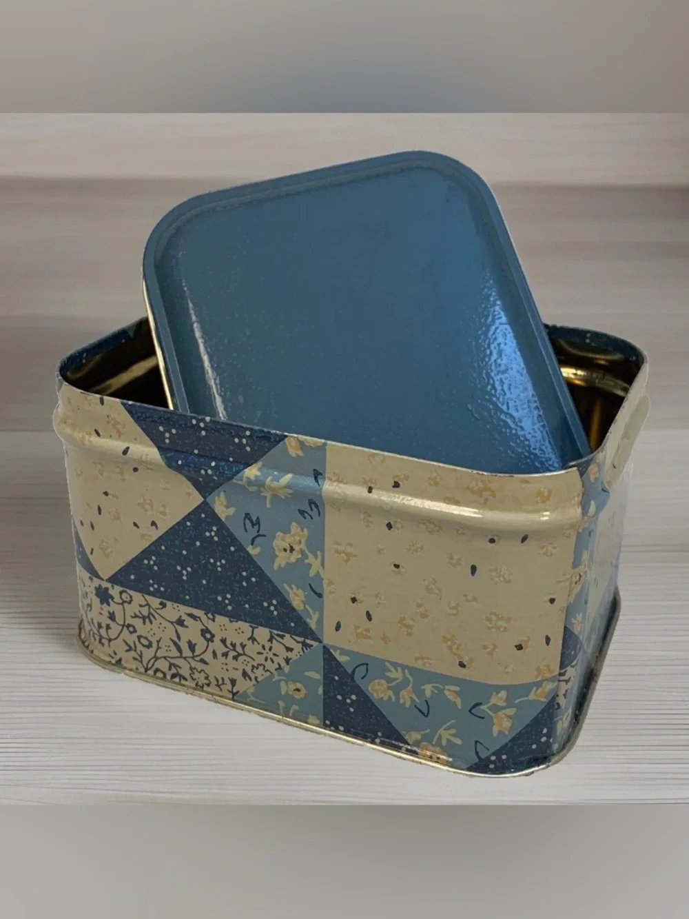 Vintage Blue Patchwork Cottagecore Country Farmhouse Decorative Tin Storage Box